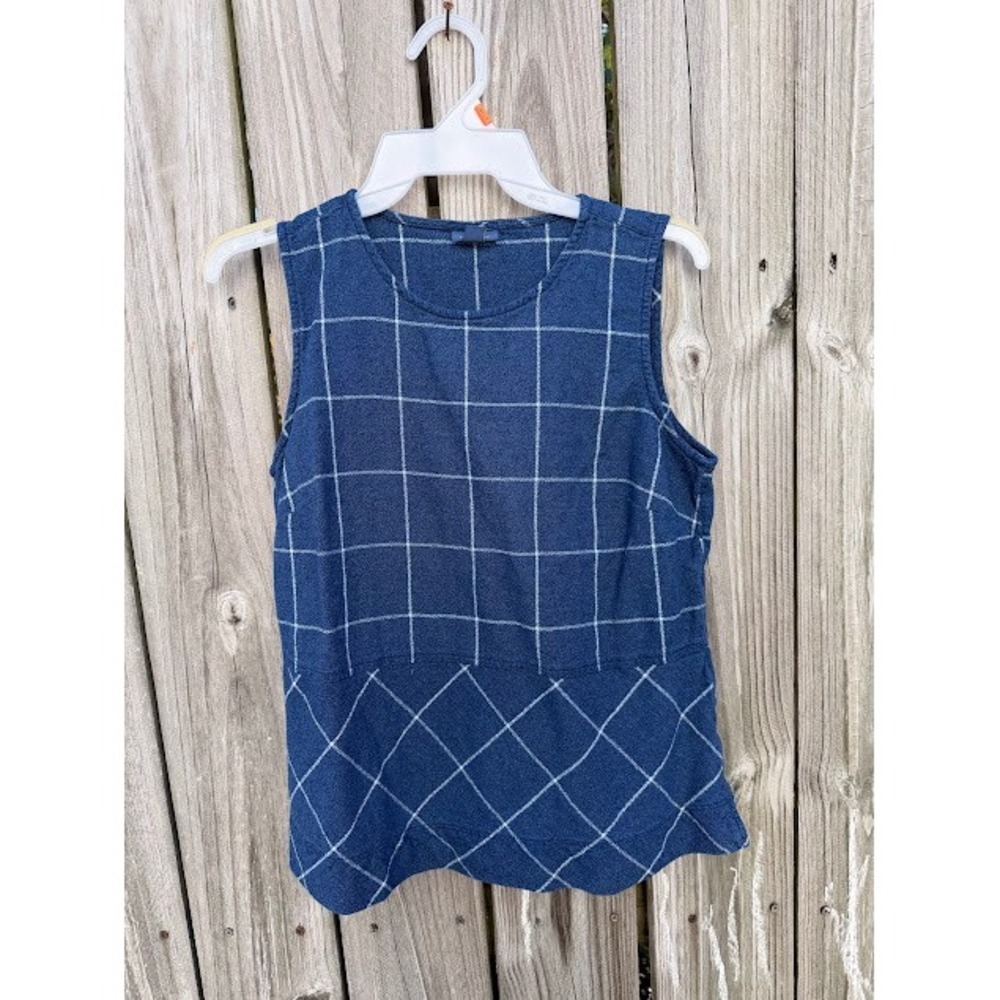 Preppy Coastal J Jill Denim Top XS Blue Windowpane Grid Sleeveless Peplum Tank